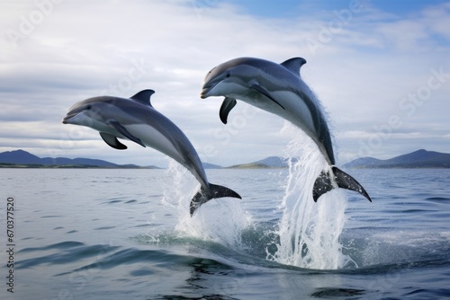 a pair of dolphins teaching their young to leap