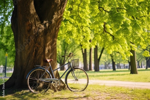 bicycle leaning against a tree in a park © Natalia