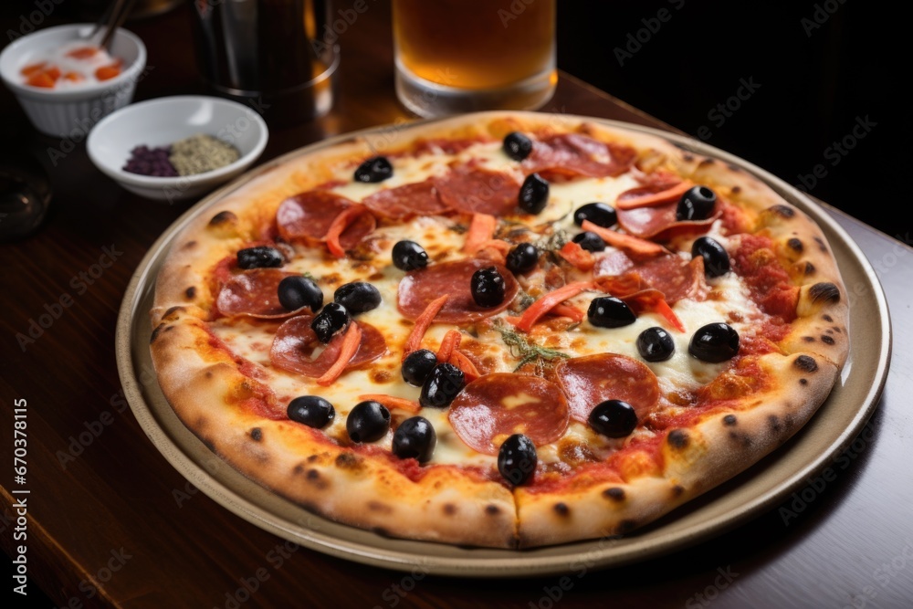 pizza with pepperoni, olives, and melted cheese on a tray pizza with pepperoni, olives, and melted cheese on a tray