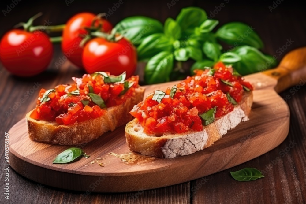 bruschetta with ripe tomatoes and basil on a wooden board