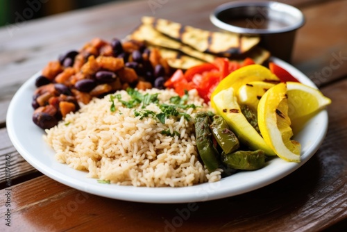 a plate of rice, beans, and grilled veggies