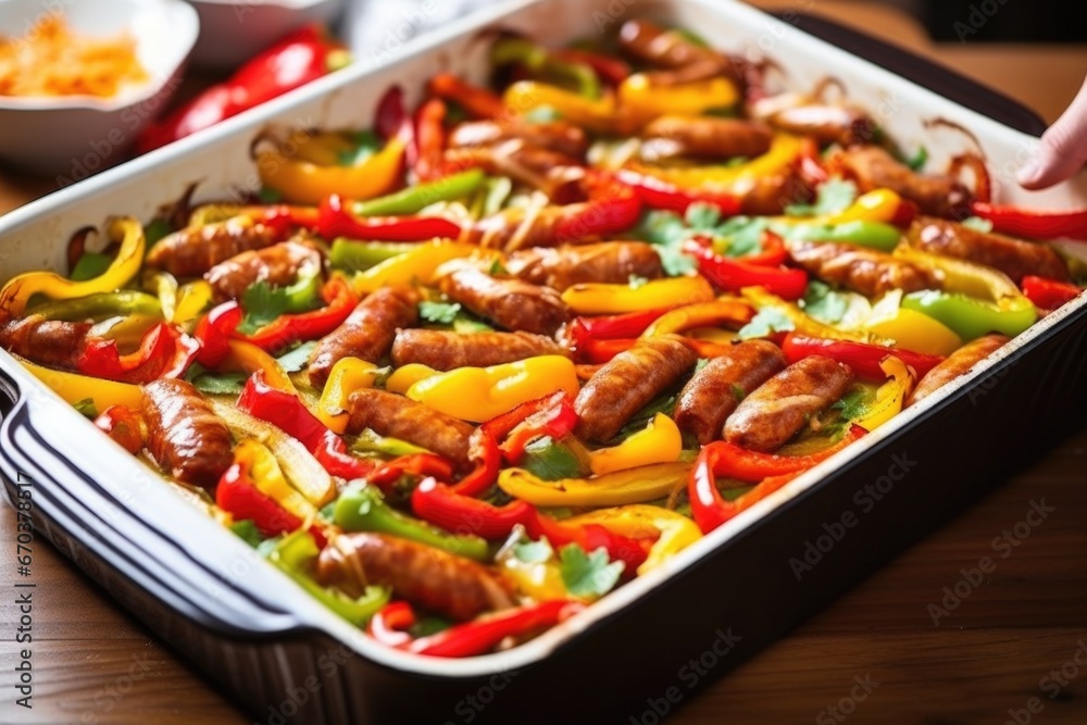 hand layering sausages and sliced peppers in a baking dish hand layering sausages and sliced peppers in a baking dish