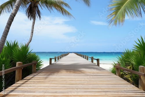 an empty wooden boardwalk leading to a tropical beach © Natalia