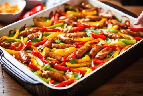 hand layering sausages and sliced peppers in a baking dish