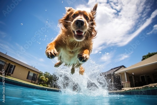 dog diving into a pool to retrieve a dog toy photo