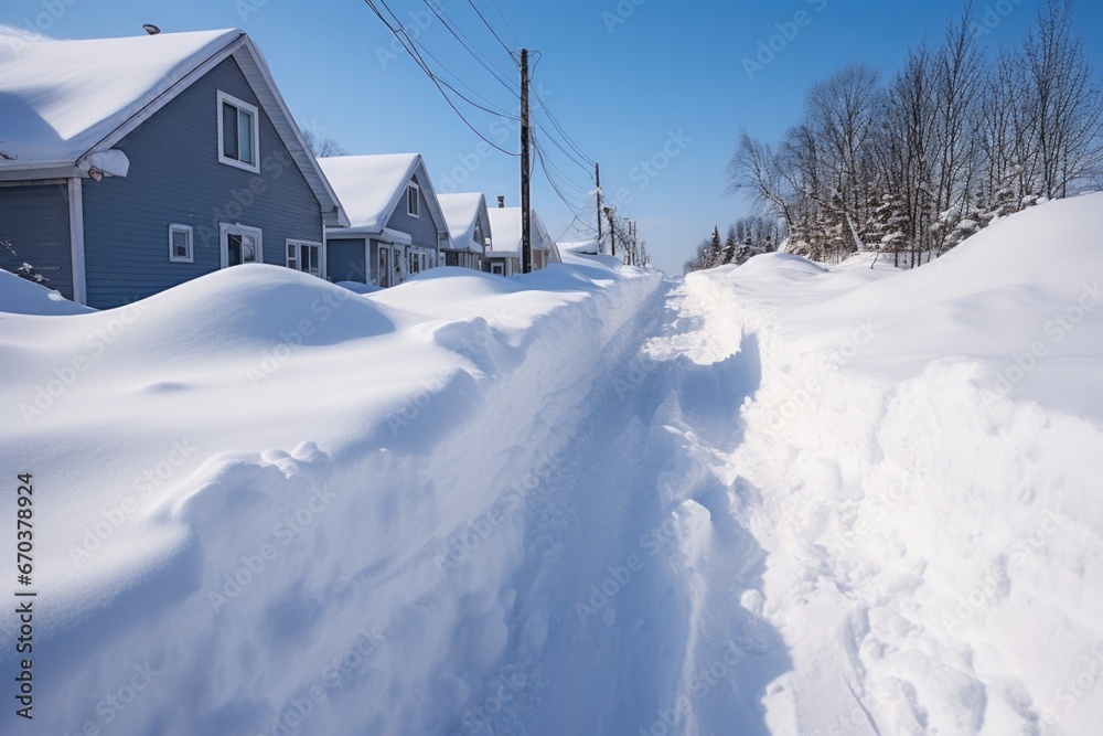 an unplowed snow path leading to a house