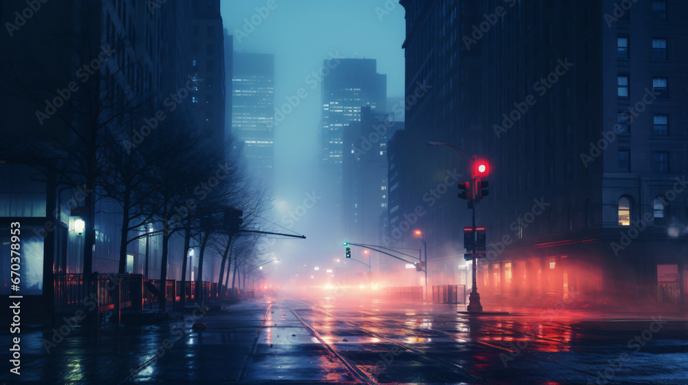 Foggy night in new york city glowing lights
