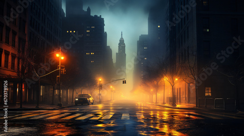 Foggy night in new york city glowing lights