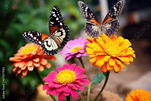 butterflies with different sizes perched on the same flower © altitudevisual