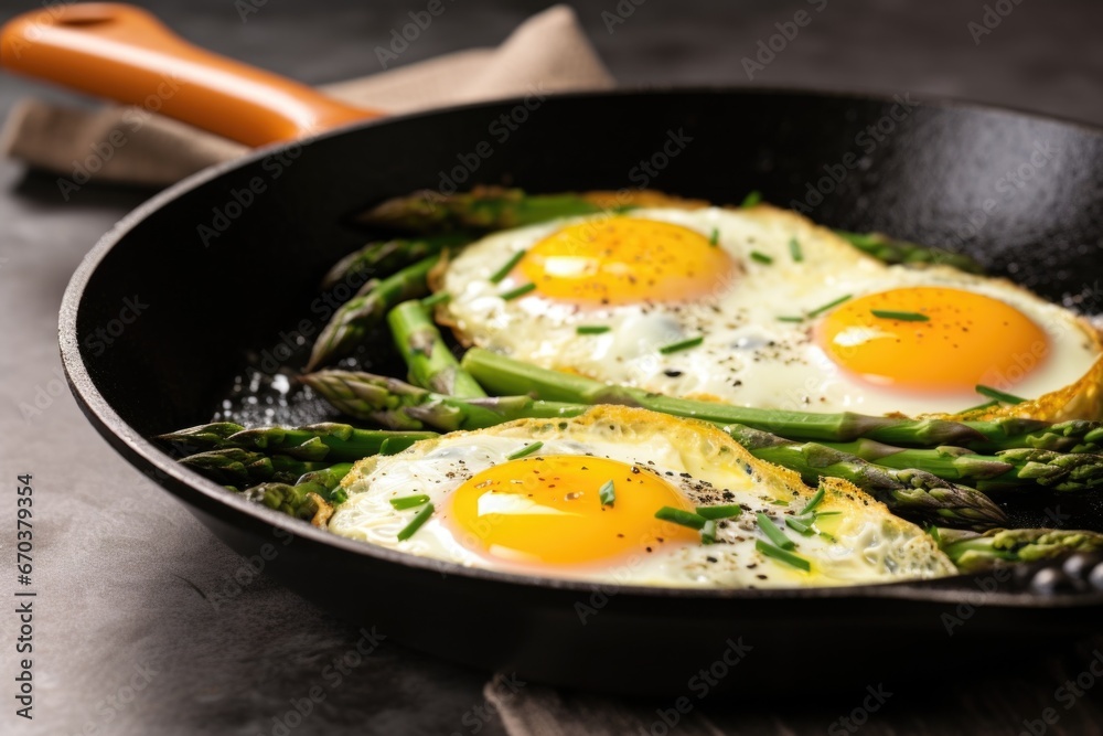 quail egg omelette with chopped asparagus in a skillet