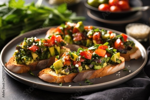 plate of avocado bruschetta with a fork, side view