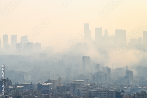 hazed city skyline due to polluted air