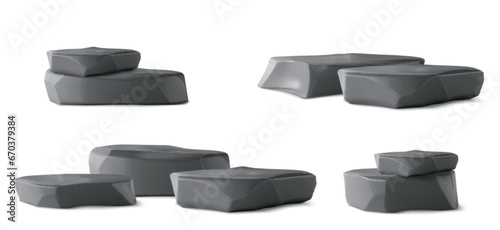 Black smooth stones as product display podium. 3D render vector illustration set of various compositions of flat floor pedestal with dark glossy rock texture. Mockup of gray cosmetic production stand.