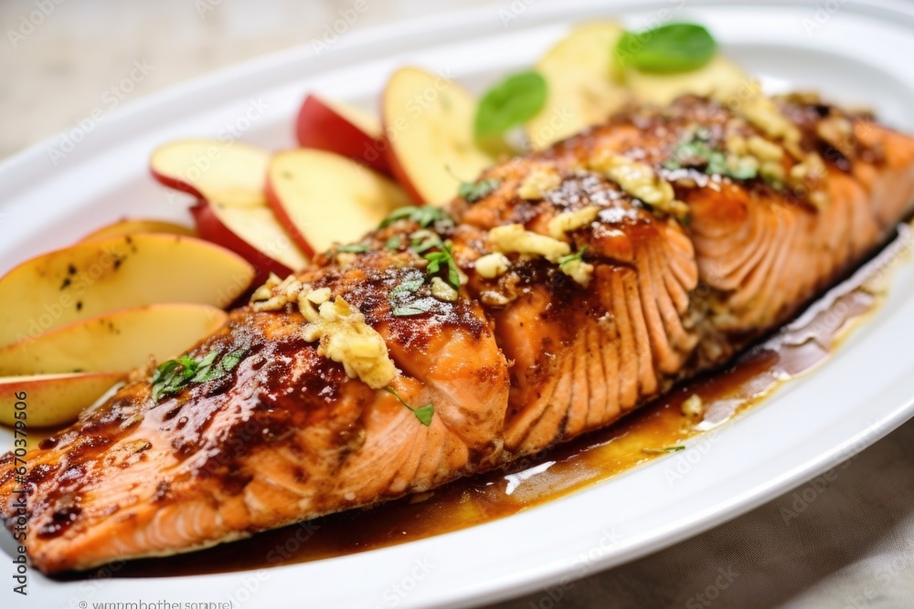 close-up shot of apple cider bbq salmon on a white plate