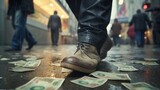 A man's feet walking and stepping on money bills on the street as fiat money have no value. Hyperinflation, currencies collapse, economic and financial crisis concept