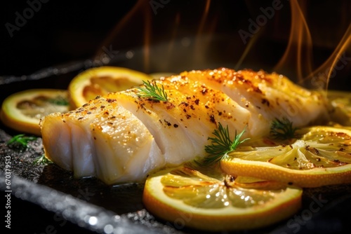 moodily lit close-up of baked cod garnished with lemon photo