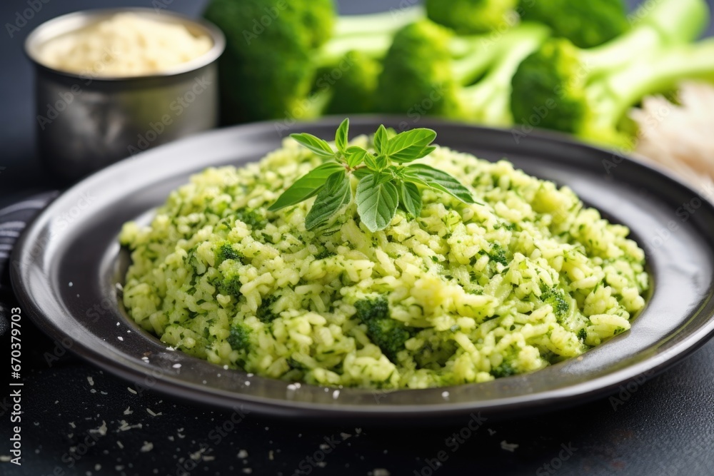 broccoli rice garnished with a sprig of thyme broccoli rice garnished with a sprig of thyme
