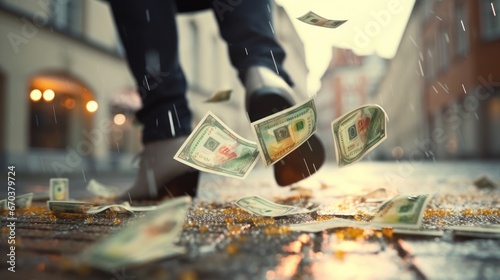 A man's feet walking and stepping on money bills on the street as fiat money have no value. Hyperinflation, currencies collapse, economic and financial crisis concept photo