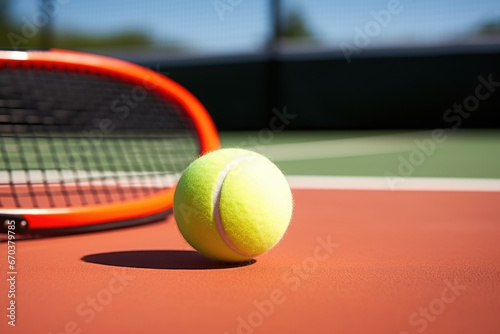 detail of a tennis racket, ball, and court