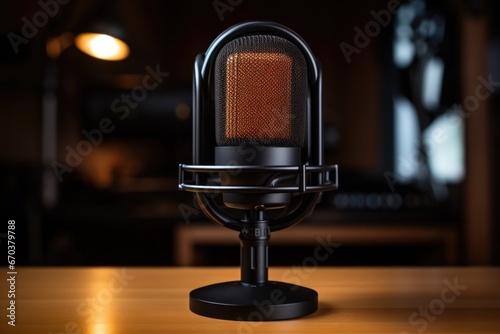 a studio microphone with a diffuser on a desk
