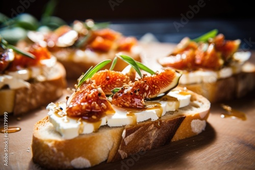 close-up of a bit taken from a bruschetta with fig and cheese