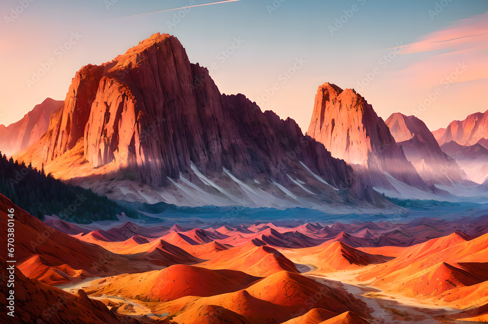  Desert mountains landscape, sunset over the mountains and river, atmospheric and epic nature, Generative AI