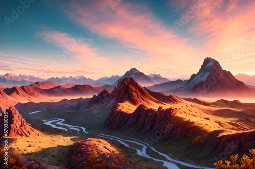  Desert mountains landscape, sunset over the mountains and river, atmospheric and epic nature, Generative AI © LIUBOMYR