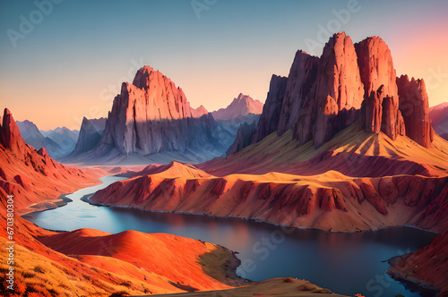  Desert mountains landscape  sunset over the mountains and river  atmospheric and epic nature  Generative AI