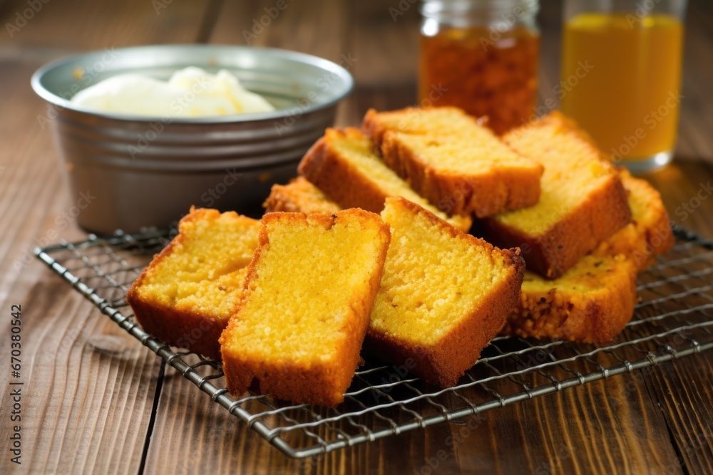 sliced bbq cornbread in a wire mesh serving basket sliced bbq cornbread in a wire mesh serving basket