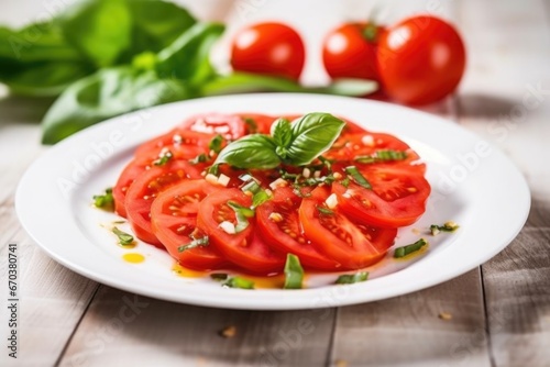 fresh tomato salad with basil on a white plate
