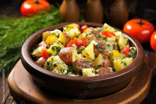 close-up of potato salad in a rustic wooden bowl