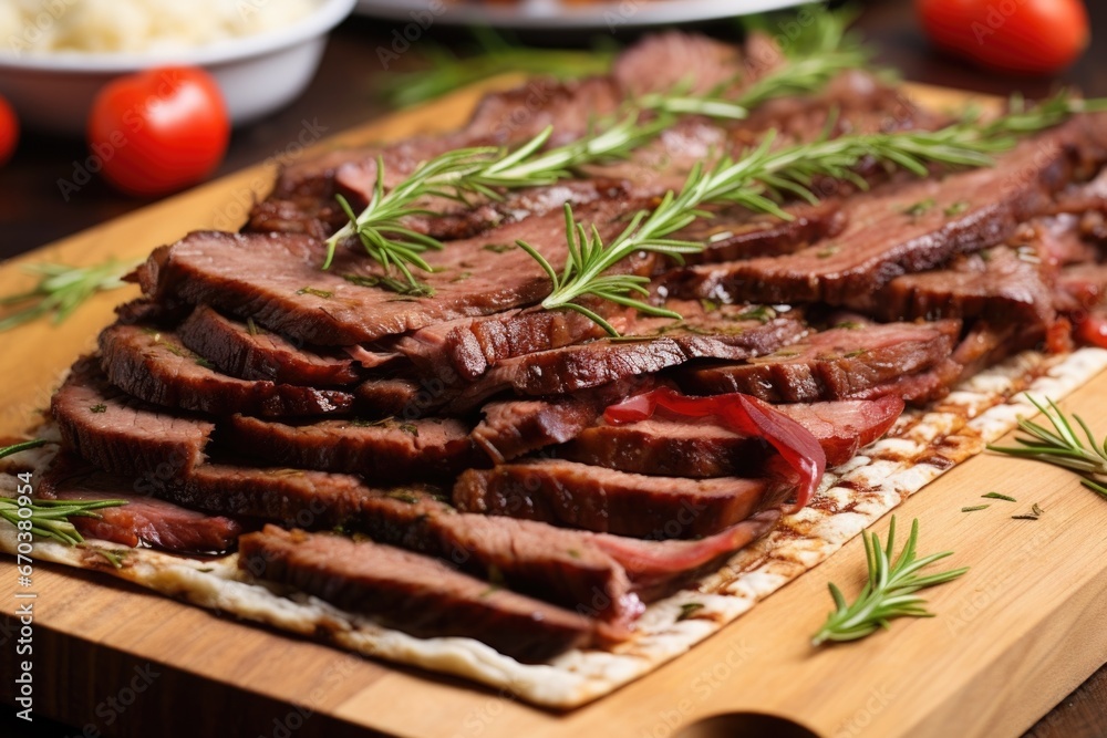 sliced brisket layered over fresh flatbread sliced brisket layered over fresh flatbread