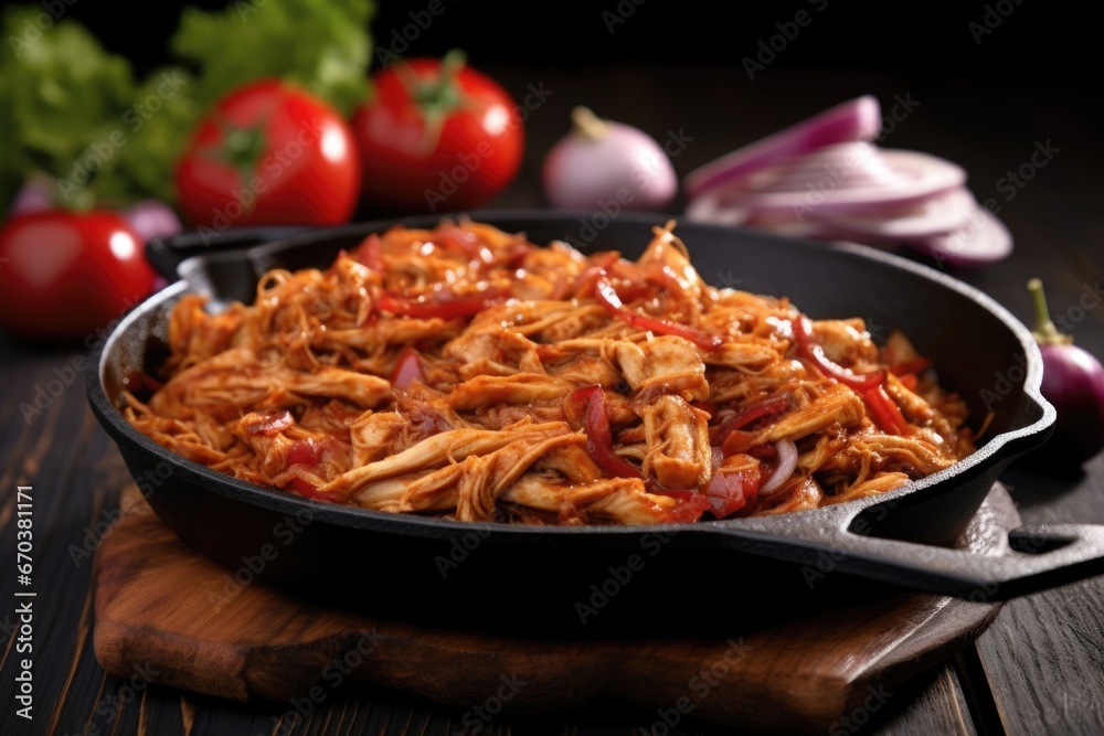 bbq pulled chicken in a shiny black skillet bbq pulled chicken in a shiny black skillet