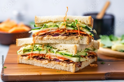 vegan sandwich layered with coleslaw on bamboo tray photo