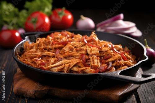 bbq pulled chicken in a shiny black skillet