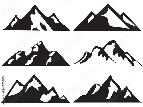 6 Mountain silhouette icon set. Rocky mountains icon or logo collection. Vector illustration.