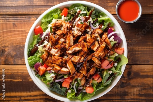 overhead shot of a salad topped with bourbon bbq chicken