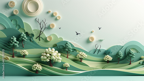 greeting card, green abstract landscape in the style of paper sculpture.