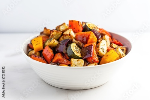 bowl with a mix of roasted veggies over a white surface