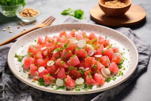watermelon salad with lime wedges and chili flakes, placed on a marble table