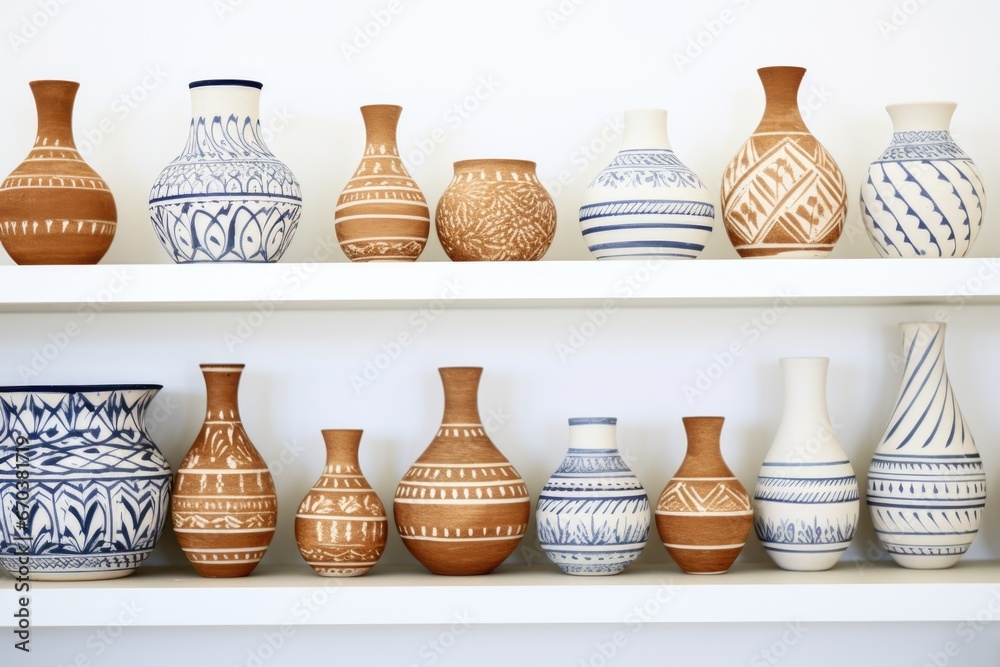 aegean greek pottery on a white shelf - obrazy, fototapety, plakaty 