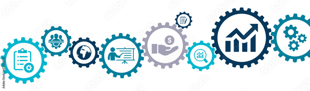 Business banner vector illustration with the icons of increase profit, management, teamwork, agreement, leadership, performance, contract, solution, human resources, revenue, globe on white background