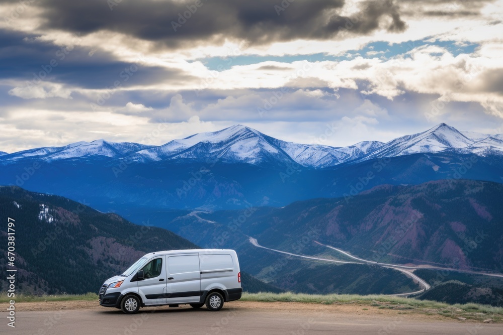 recreational van parked at a striking mountain vista