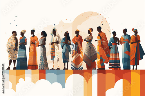 A group of people from different backgrounds, each one wearing traditional clothing and holding objects that represent their culture, standing together in unity. geomatric shapes and abstract patterns