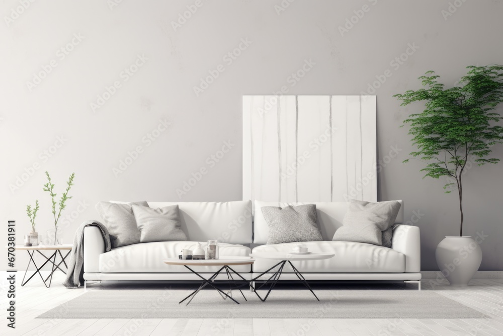 modern minimalist living room with monochromatic color theme - obrazy, fototapety, plakaty 