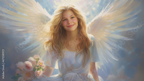 祝福のほほえみを浮かべる美しい天使の油絵風イラスト素材