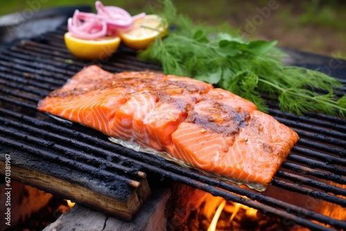cedar plank with raw salmon fillet on grill
