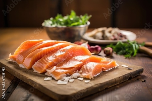 filleted smoked salmon with cedar planks in background