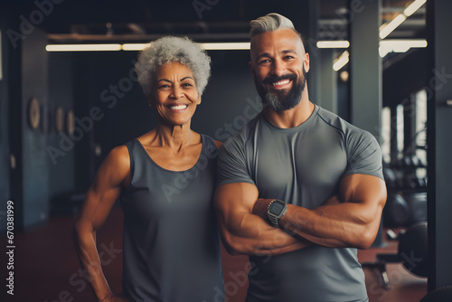 Athletic elderly man and woman in gym before workout