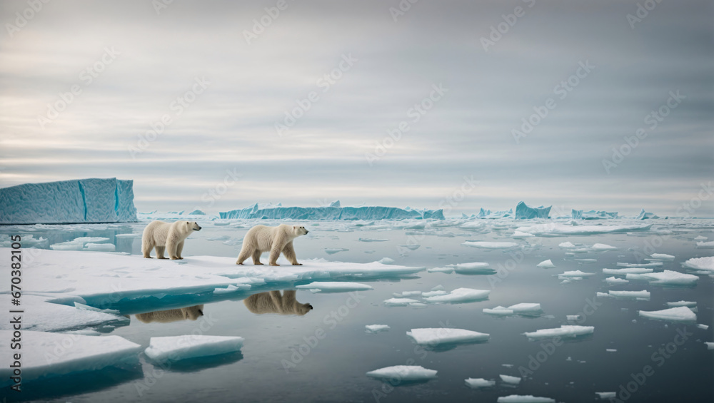 Arctic landscape with polar bears, An icy Arctic landscape with polar bears roaming across frozen tundra and icebergs in the distance, generative Ai